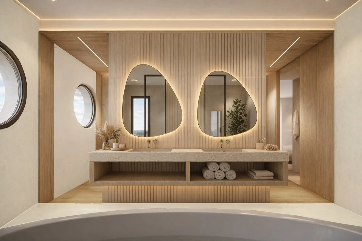 Salle de bain en bois clair : double vasque et miroirs rétroéclairés aux formes douces, Villa G.