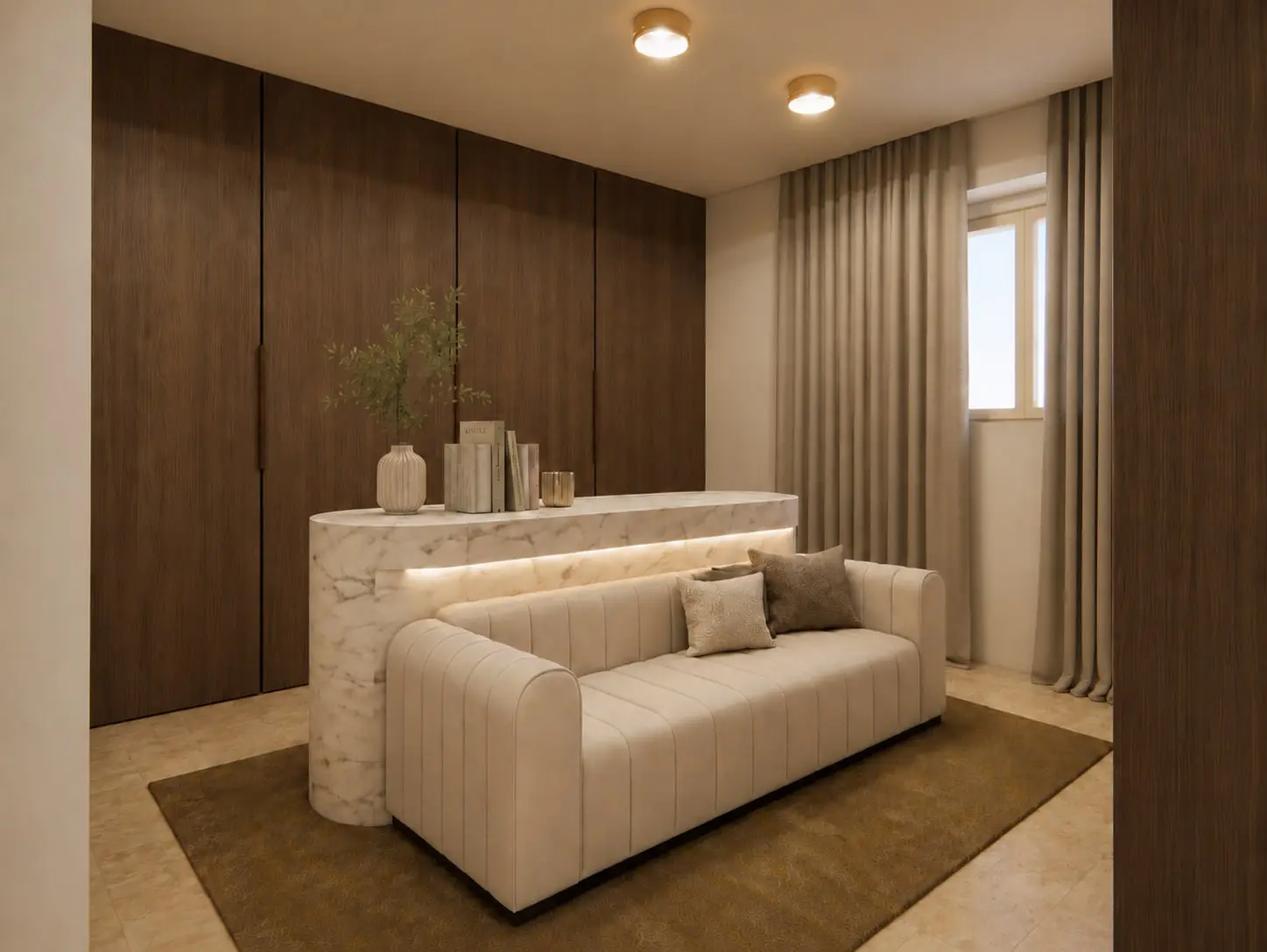 Dressing de la Villa JN. : armoires en noyer, îlot en marbre éclairé et banquette